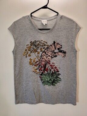 Bimba Y Lola Polera Relieve Velvet Gray Short Sleeve Leopard Floral Tshirt - S